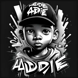 3d Vector t shirt art ready to print black white grey graffiti illustration of A boy Indonesia and a basecap with text "addie" On cap, black background.