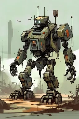 Warrior robot, post-apocalyptic, rough sketch colour