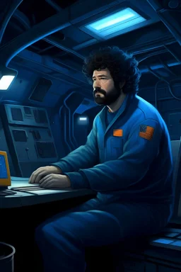 Man with curly dark hair and thick curly beard in blue coveralls working as a new hire in a submarine sitting in a dark cargo bay, realistic grimdark
