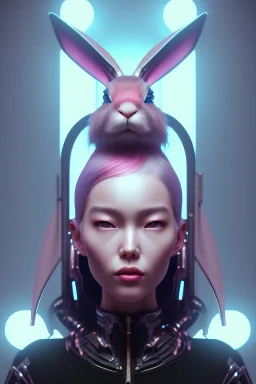 Portrait, Front image, cyberpunk Asian woman with rabbit mask, black pink color, latex dress, highly detailed, concept art, smooth, unreal engine 5, god rays, ray tracing, RTX, lumen lighting, ultra detail, volumetric lighting, 3d, finely drawn, high definition, high resolution.