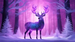 magnificent glowing from inside translucent deer with wings and glowing antlers in crystal forest on a pink and purple polar lights background, 8k, inticate details, hyper realistic, photorealistic