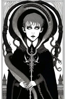 7 year old boy, necromancer, friendly, looks dead,with a lamprey serpent , wearing black robes, in the style of Harry Clarke