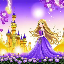 fondo blanco y morado princesa rapunzel , luces flotantes ,flor magica , sol castillo