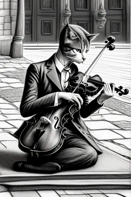 One single mature cat playing violin on the street, Vienna,thoughtful, mourning, model style, hyper realistic, extremely accurate, delicate, extremely detailed, Graphic novel style, wide-angle, open aperture, superfine pencil