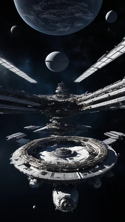 Huge space station in the blackness of space with many docking arms