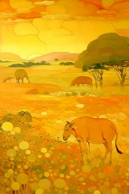 A light rosy orange colored savanna fields with animals painted by Gustav Klimt