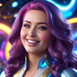 (masterpiece, best quality, 8k, RAW photo, beautiful and aesthetic:1.2), complex detail, Indirect light, photorealistic, (((full body))), Cosmic Baby corp boss style smiling, Long curvy hair, colorfull Sci-Fi environment