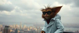 crazy fluffy Christian Slater gremlin maniac scientist in lab coat standing in tower watching city on water