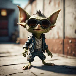 cool gremlin leaning against a wall, wearing flip down sun glasses, in the style of a fallout 4,bokeh like f/0.8, tilt-shift lens 8k, high detail, smooth render, down-light, unreal engine, prize winning