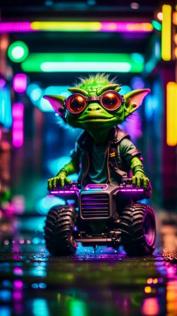 portrait of lizardman ghost Hairy Gremlin myth buster pimp ninja yoga cyber punk in flying hipster lawn tractor parked in dark neon lit reflective wet arcade hall tunnel,bokeh like f/0.8, tilt-shift lens 8k, high detail, smooth render, down-light, unreal engine, prize winning