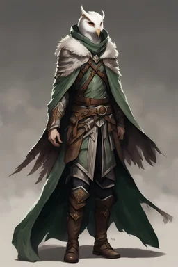 male high elf ranger wearing a leather jerkin and a gray and green hooded cloak, with a mantle of barn owl feathers, full body