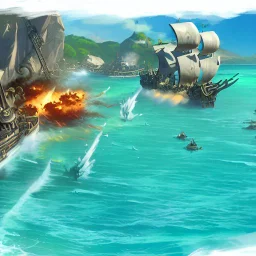 two pirate ships fighting each other at sea. They fire cannons at each other and one ship is hit and burns.