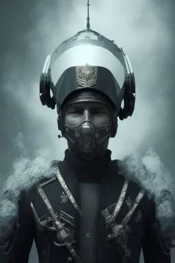 All Black Russian soldier, wearing high tech mask, white smoke, dark, rage, sorrow, high definition, ultra 8 k, volumetric lighting, blue fire, fog