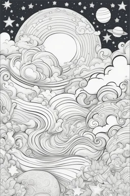 Stress Relief themed coloring page for adult, cartoon style, thick outline, low details, no shading, no color, A cute celestial voyage through a galaxy of swirling stars and cosmic wonders