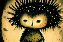 closeup, so much fluff, Cute chibi cacti fairy, painted and burned burlap, moonlight, styles of H. R. Giger, Paul Klee Dee Nickerson and Tim Burton, melting watercolor and black ink outlines on wet paper, soft, shading strokes, in candlelight, ethereal, otherwordly, cinematic postprocessing, bokeh, dof, S<AI