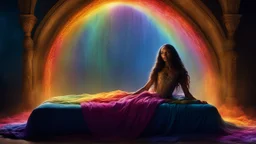 Zoe Saldana as The princess, bound by ropes of shadowy magic, lies sleeping at the feet of the rainbow on the witch's bed, her golden locks cascading around her like a veil of sunlight. The vibrant colors of the rainbow arch overhead, casting a surreal glow upon the scene, a stark contrast to the darkness that surrounds her. The princess's face, usually radiant with life and laughter, now bears a look of peaceful serenity in her slumber, as if she is caught in a dream