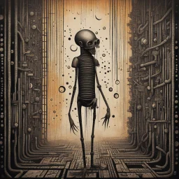 Liminal Abominations, by Phlegm and Ray Johnson, warm colors, stylish and unsettling abstract horror illustration, Kafkaesque tiny legged trepidations, diagonal composition, album art, Morse code dot and dash vertical textures, dark shines war, complex contrast