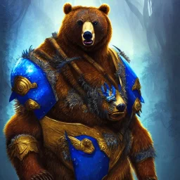 An angry bear warrior in blue and gold armor, background of Inka jungle, high detail, smooth, realistic, digital illustration, Artstation, artgerm,