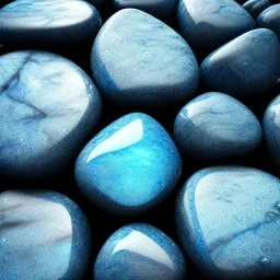 Blue raindrops on a rock, close up view, photo quality, stone marble, ultra realistic, light and shadow