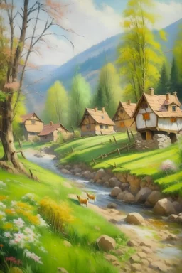 pintura tipo oleo de aldea de montaña en primavera con animalitos del bosque y un arroyo que emane frescura a la escena en un dia de sol