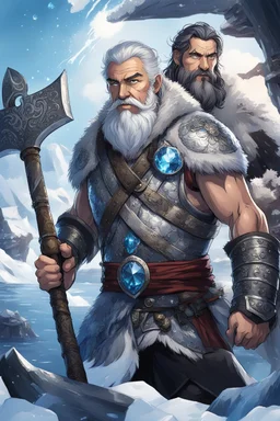 in anime style,1older man, a older man with blue eyes and black hair man in silver Viking armor with fur around the neck with blue crystal on his chest holding an axe in his hands standing on a pirate ship in the artic, warrior in anime style,