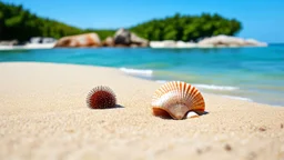 sandbank with shells and sea urchins, rocks and forest in the distance,