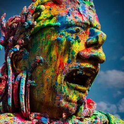 A magnificent statue covered in colourful paint splaters, majestic, highly intricate gigantic derelict statue, Realistic photography, incredibly detailed, ultra high resolution, 8k, complex 3d render, cinema 4d.