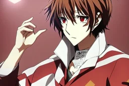 Detailed pretty anime boy, brown hair with blonde strips, keep head in frame, headshot, glaring, brown eyes, covered in bandages, looking serious, illustration, digital painting, only one character, color scheme red, wearing many bandages, Osamu Dazai inspired, anime inspired, manga, dazai, red hair, Chuuya, pretty, scruffy, angry, brooding, manga inspired, small nose, long lower eyelashes, handsome, widows peak, headshot, glaring, cute, wearing a bandage on neck, small nose, scruffy hair