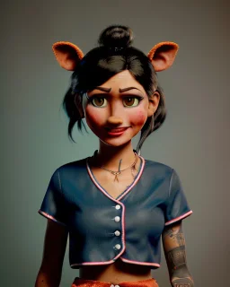 Waist up portrait, hybrid character, waitress British woman with classic muppet mask that covers her entire head and face, Sesame Street style, retro style, pub, short shirt, tray, beer, old school tattoo, hot, smooth, unreal engine 5, god lights, ray tracing, RTX, lumen lighting, ultra detail, volumetric lighting, 3d.