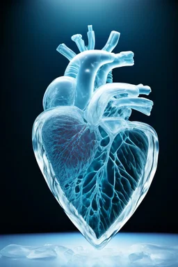 Ice human heart, glass background