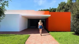 The primary object is a contemporary house featuring a striking design with stark white and vibrant orange walls. The structure has large windows and a unique overhang that creates a shaded area at the entrance. The pathway leading to the house is paved with bricks, contrasting nicely with the green grass surrounding the property. A woman is seen walking towards the entrance of the house. She appears to be enjoying the space and is dressed casually, which complements the relaxed, modern aestheti