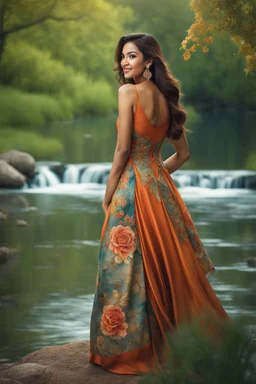 full shot body photo of the most beautiful artwork in the world featuring model, happy mood, High Detail, Sharp focus, dramatic, photo realistic, ultra sharp, ultra hd, hyper realistic, ultra realistic, ((((dress)))), trending on artstation, sharp focus, studio photo, intricate details, highly detailed, standing in nice pose in country side with river ,water fall ,rocky vally