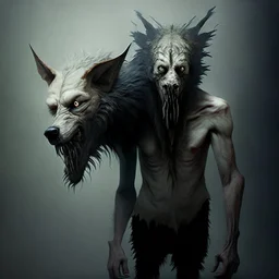 A terrible creature with a wolf's head and a human body