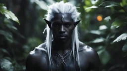 Photoreal menacing dark male drow elf with black skin and white hair behind foliage made from neon lights in extreme darkness by lee jeffries, otherworldy creature in the style of fantasy movies, photorealistic, shot on Hasselblad h6d-400c, zeiss prime lens, bokeh like f/0.8, tilt-shift lens 8k, high detail, smooth render, unreal engine 5, cinema 4d, HDR, dust effect, vivid colors