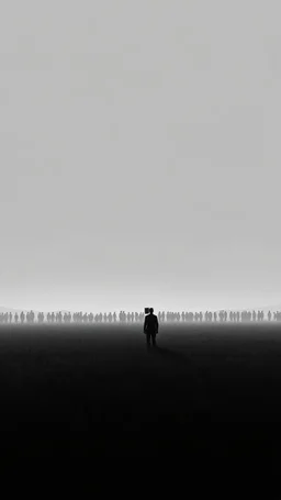 A field of random people at the end of the picture gray background an giant shadow a human figure standing object in a cinematic, 8k