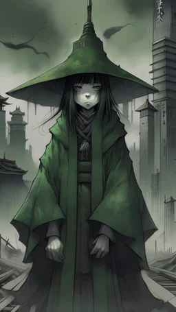 Uma bruxa japonesa criança usando um chapéu de bruxa preto esverdeado, e uma manto de bruxa misturado com kimono verde escuro com cinza, ela esta em uma cidade pos apocaliptica com nevoa e seres sinistro escondidos nas sombras dos predios.