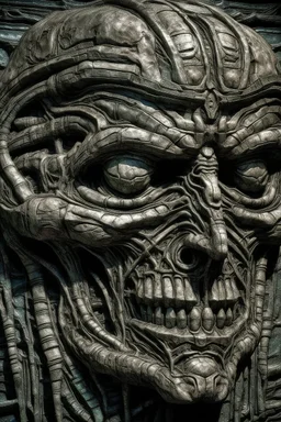 sculpture of dark side of frankstain face . Multiple faces . decayed and rotting with grotesque proportions and imagery. abstract grotesqueries, detailed texture, surreal horror, biomechanical design, by hr giger and beksinski