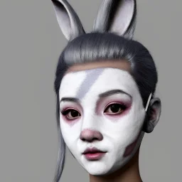 Front Portrait, Cyber rabbit mask teenager woman, color makeup, grey hair, rounded face, geisha style hair, white skin, pattern dress, velvet, vibrant color, cyberpunk style, highly detailed, art stations, concept art, smooth, unreal engine 5, god rays, ray tracing, RTX, lumen lighting, ultra detail, volumetric lighting, 3d, finely drawn, high definition, high resolution, gradient background