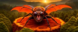 A national geographic award skin color patterned like a poisinous incect or reptile, horrorcore, science gone crazy, winning photograph of of a bat spider housefly station wagon hybrid in nature and on the hunt, 64k, reds, oranges, and yellows anatomically correct, 3d, organic surrealism, dystopian, photorealisitc, realtime, symmetrical, clean, 4 small compound eyes around two larger compound eyes, surrealism telephoto dynamic lighting 64 megapixels Unreal Engine volumetric lighting VRay