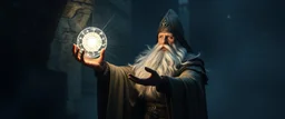 dwarven priest expert holding up a radiant Painite crystal rosette ball shooting radiant light through the fog