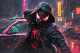 Miles morales in 8k nier automata drawing style, spider man them, cinematic mood, neon effect, close picture, rain, highly detailed, high details, detailed portrait, masterpiece,ultra detailed, ultra quality