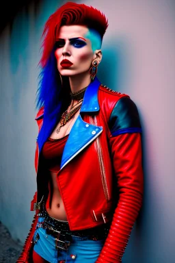 photo of a beautiful Polish young punk woman taken by a Mamiya M645 camera with portrait lens on colour medium-format film, red lips, blue eyes, red mohawk, black leather jacket, Ramones style, heavy boots, fishnet stockings, torn t-shirt, nosering, few earrings, belly ring