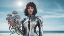 A woman with dark hair in a silver robotic catsuit, standing on a beach, flying mushrooms, with octopus tentacles floating above her