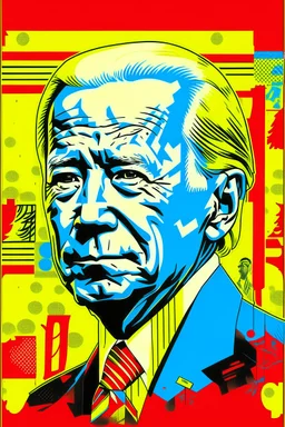 stylized stencil portrait of Joe biden in solid red, beige and (light and dark) blue with the mandarin characters for "obey" overlaid on the bottom of the image in yellow