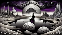 inner world this atypical world, one alone human figure sitting on big dark ball , weird whimsical landscape, alien forest, and Sahara water and rocks,, around surreal cracked painted weird land with some black doors. dark purple, gray, black, white, brown. Whimsical style of Chagall , of Minjae Lee and Anton Semenov, lonely with absurd beauty. broken, weird bizarr,e absurd nightmare, neuron network background, surreal vibe