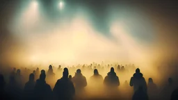 Concert, show, crowd in the fog, loghts, gold