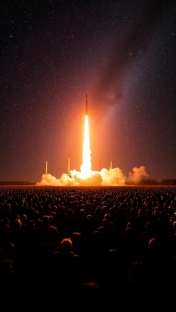 A field of random people in a bright lighting , 10 of rockets shot from earth to the sky with stars sky in a dark background , lot of rockets and falling stars filling the picture