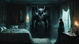 Full length portrait of a chilling shadow demon sneaking into a beautiful woman's bedroom to steal her soul (perfect face, perfect eyes). Integrate Hitchcockian suspense, Giger's nightmarish tones, and employ low-key lighting for spine-tingling eeriness by Peter Mohrbacher