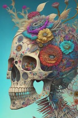 artwork entitled "shaking the ghost out of the machine"; a skull growing fractals made of mixed media such as feathers, foliage, flowers, and gemstones instead of hair from the top of their head; optical art; surreal; quilling, masterpiece, Intricate, provocative, psychedelic, Magnificent.