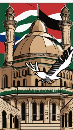 A design for Al-Aqsa Mosque, with a dove around it that expresses freedom, and the Palestinian flag flutters, covering Al-Aqsa Mosque.